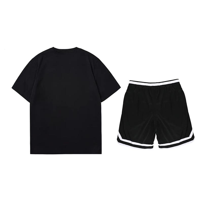 Li-Ning Loose Fit Round Neck Short Sleeve T-Shirt Fashion Simple Striped Shorts Casual Sports Suit Unisex Suit Black AHSU801-2+YAPV001-1