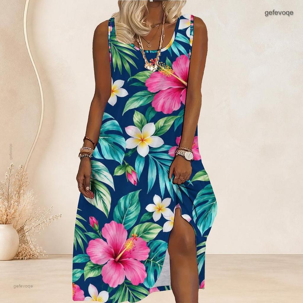 Women Plus Size Scoop Neck Sleeveless Printed Orange A Line Maxi Dress