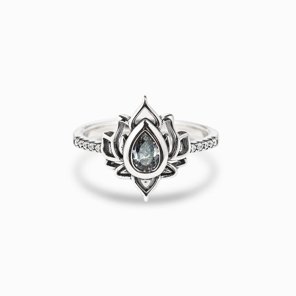Vintage Distressed Flame Lotus Waterdrop Ring With Cubic Zirconia Stones Elegant Floral Design Jewelry For Women