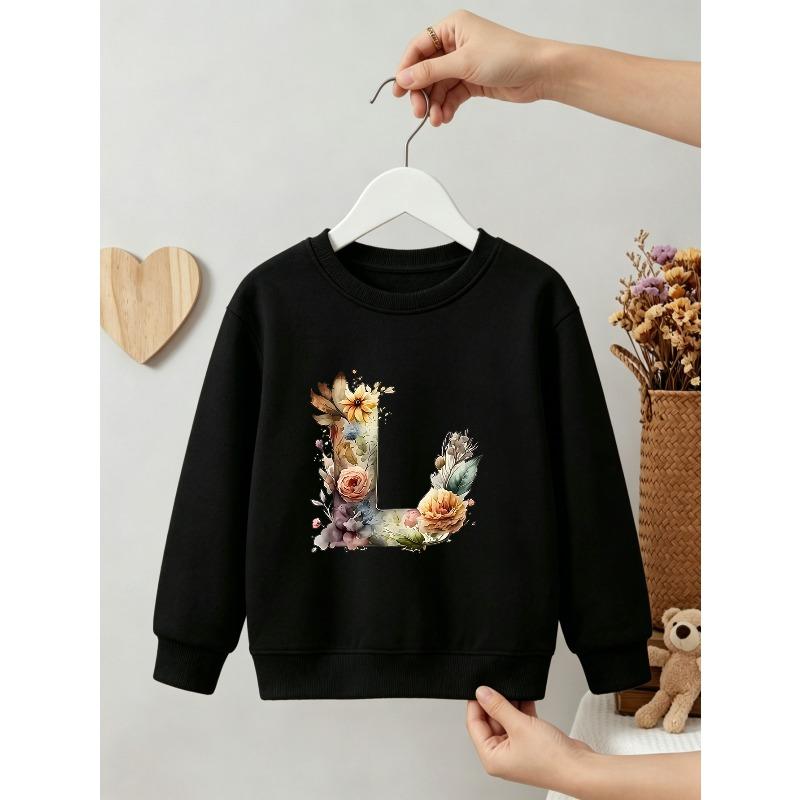 Kids Girls Crewneck Sweatshirt, Watercolor Floral Letter L Print Soft Pink Fleece Pullover