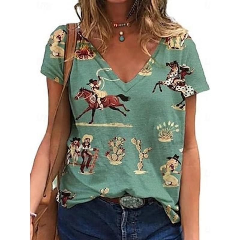 Women's Blouse Graphic Bohemia Vintage Western Short Sleeve V Neck Regular Tops Daily Print Blue Brown Green Apricot Summer