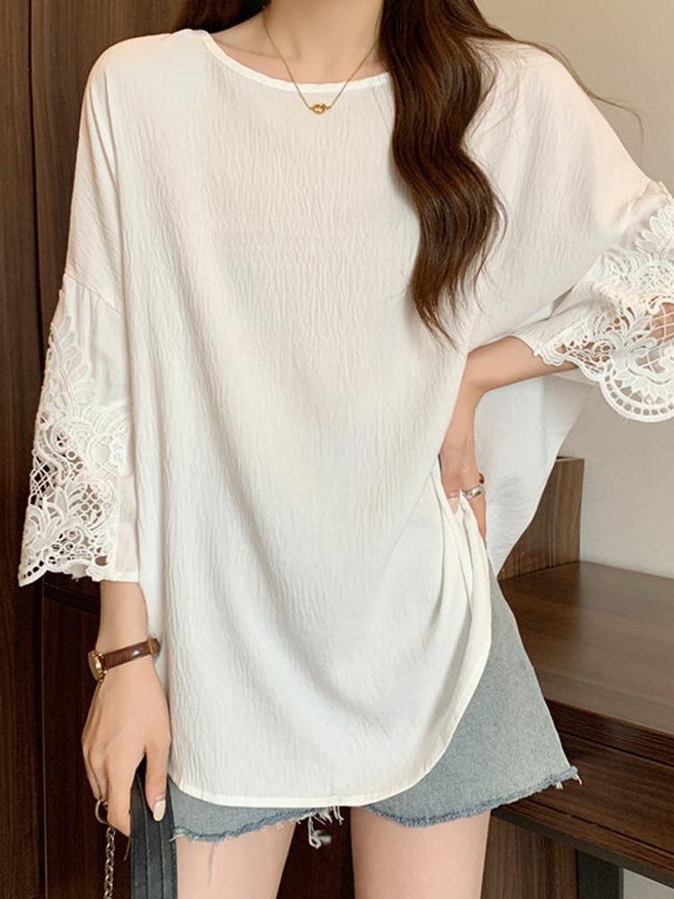 Plus Size O-Neck Spliced Lace Ruffles T-Shirts Female Clothing Summer Loose Solid Color Casual Short Sleeve Tops Sweet Tee