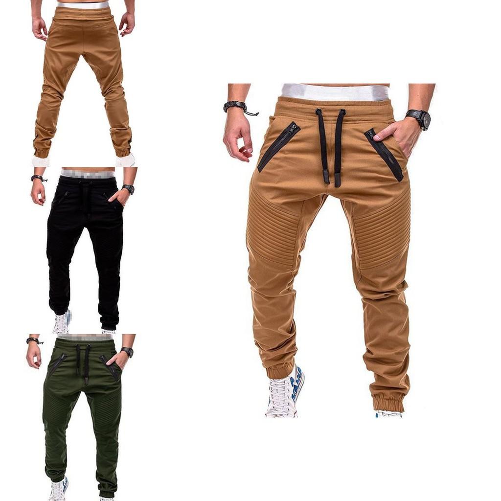 Men's Slim Fit Cuffed Trousers With Adjustable Waist And Multiple Pockets