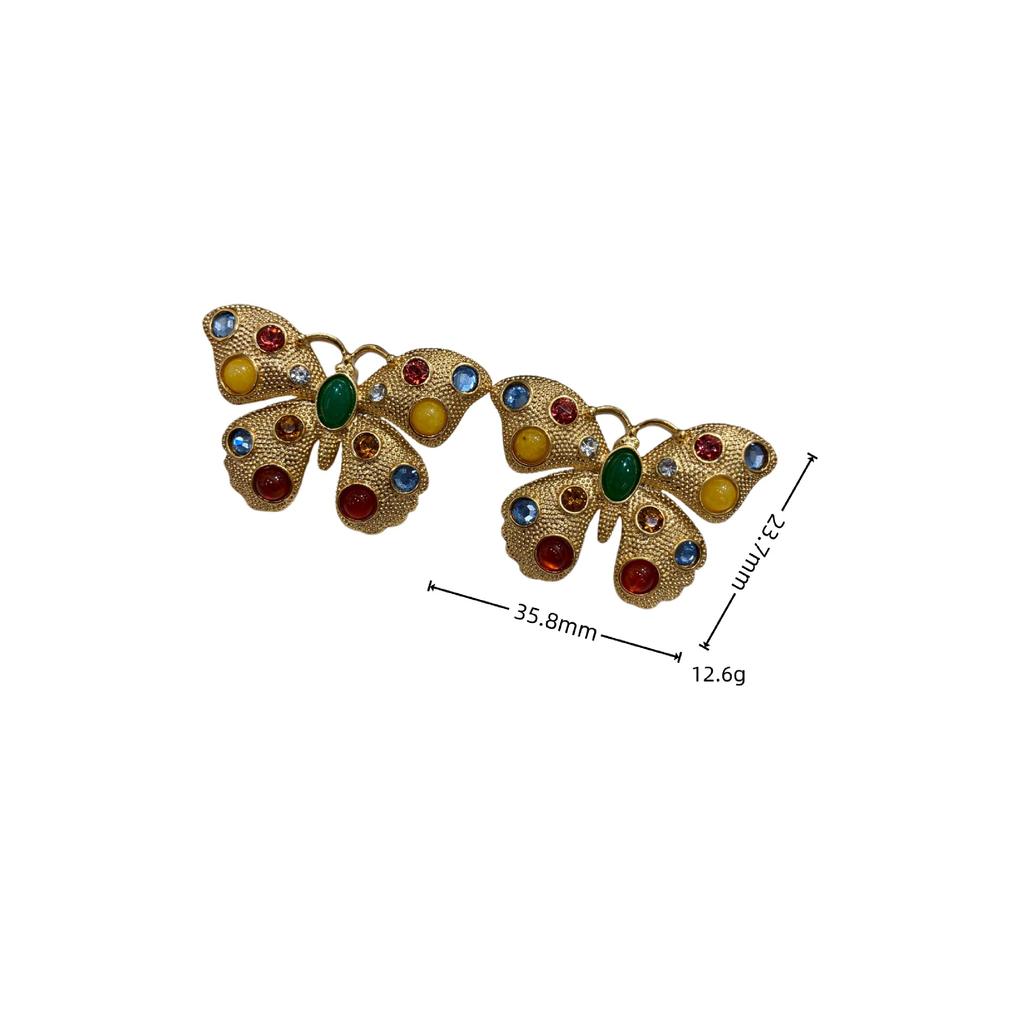 Medieval Diamond-Set Colored Glazed Butterfly Retro Court Earrings Heavy Industry Stud Earrings