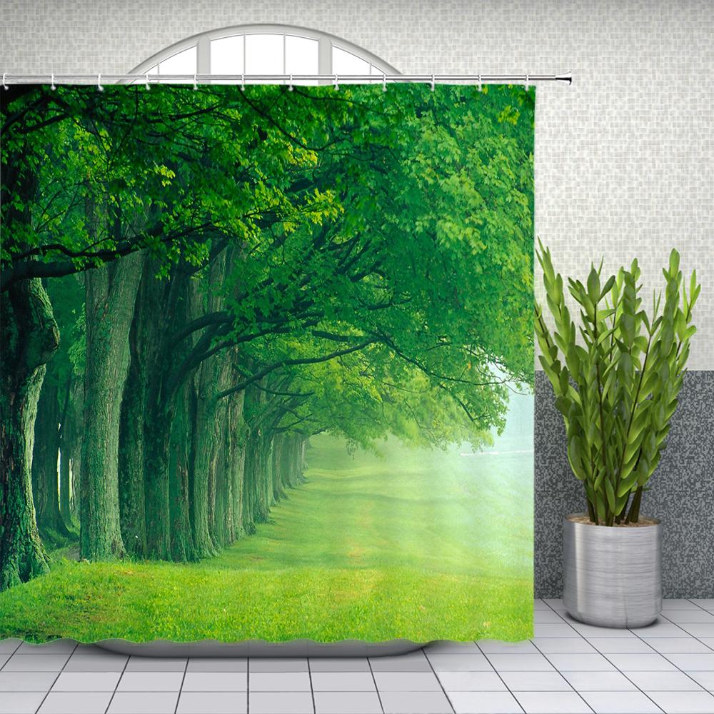 Natural Scenery Shower Curtains Green Tree Floral Plant Landscape Pattern Spring Summer Bathroom Decor Polyester Cloth Curtain