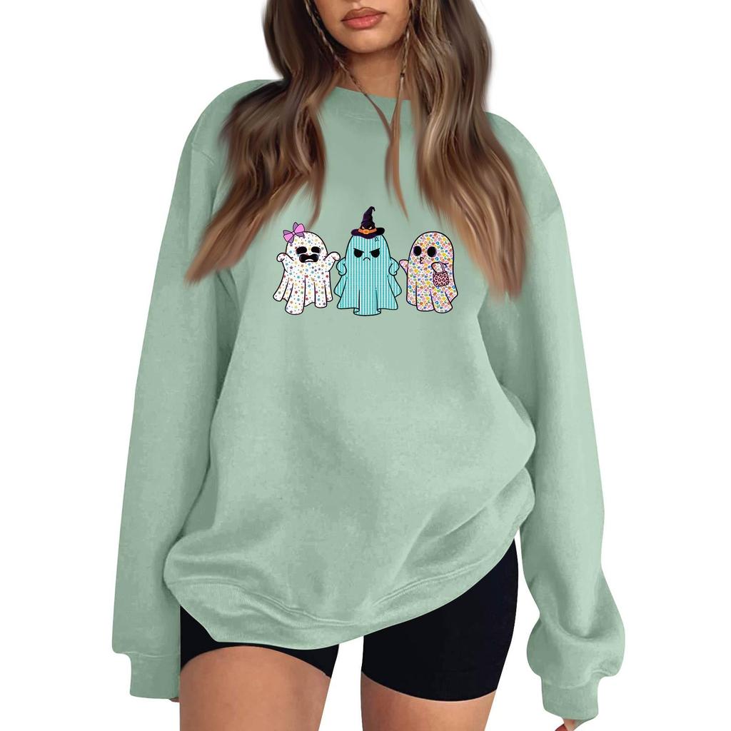 Women's Neck Long Sleeve Loose Fit Casual Sweatshirt Pullover Top with Halloween Print