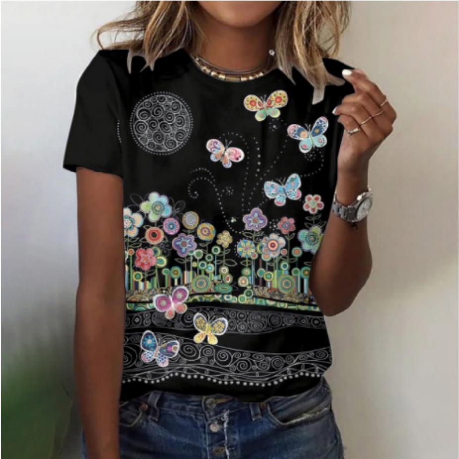 Summer Round Neck 3D Colorful Butterfly on Black Background Print Top Fashionable Casual Short Sleeved Women's T-shirts