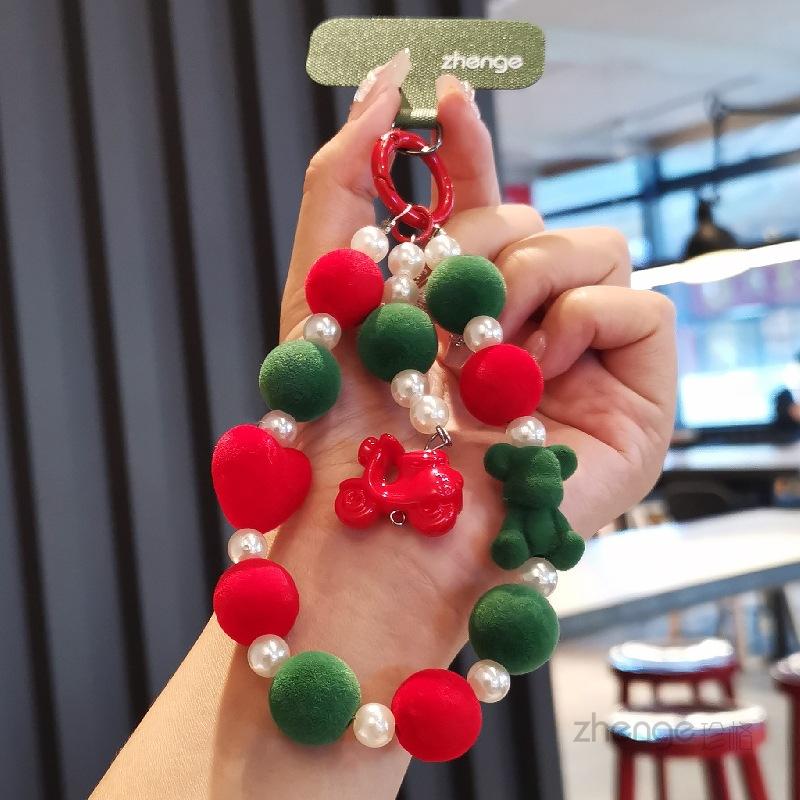 New Year s Red Lion Lucky Mobile Phone Lanyard ins Fashion Women s Fortune Bracelet Mobile Phone Case Pendant Beaded Chain Short Red and white plush beaded bear bracelet
