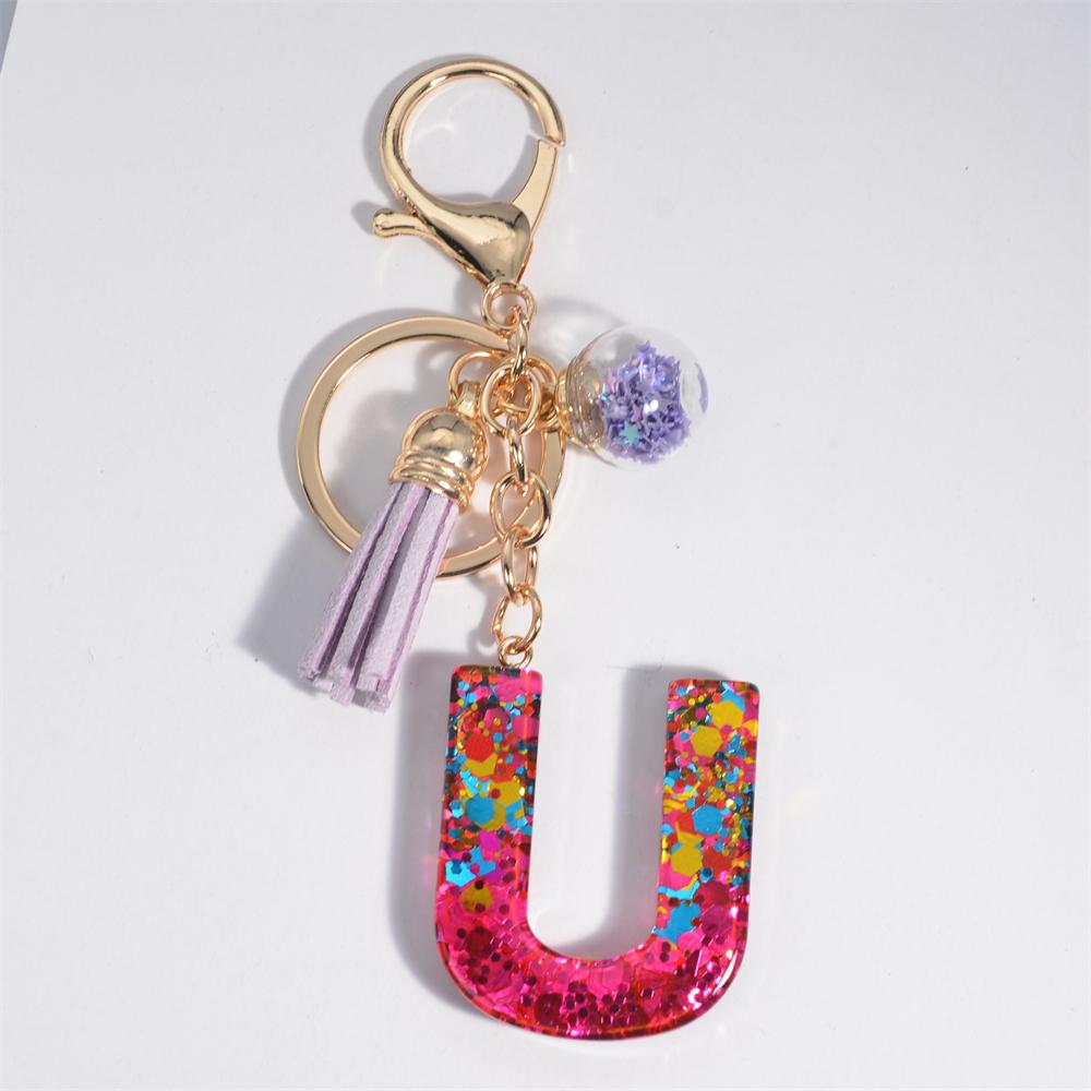 Fashion Tassel Star Ball 26Letters Keychain Colorful Sequins Resin Key Ring for Women Girls Car Handbag Phone Case Pendant Gifts