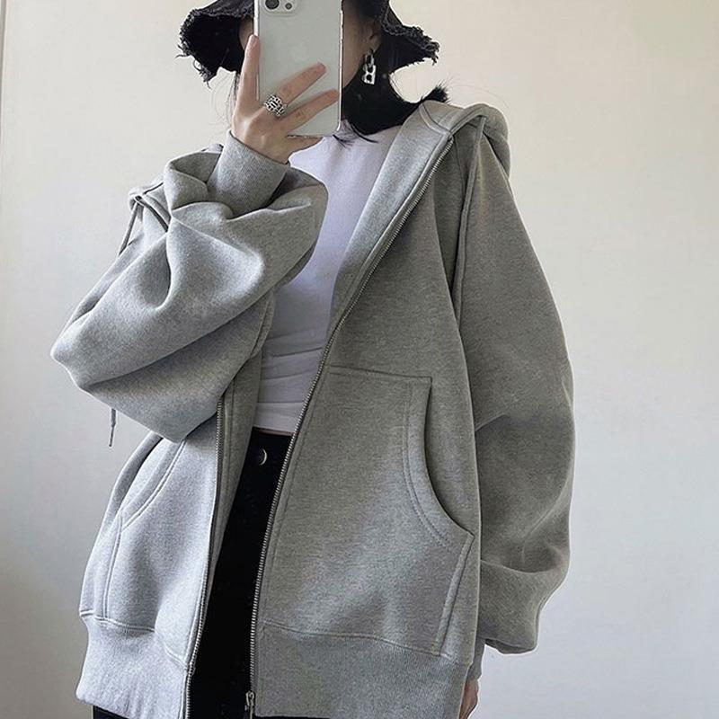 Unisex Solid Color Zip Up Hooded Jacket Oversized Loose Long Sleeve Casual Hoodie Outerwear