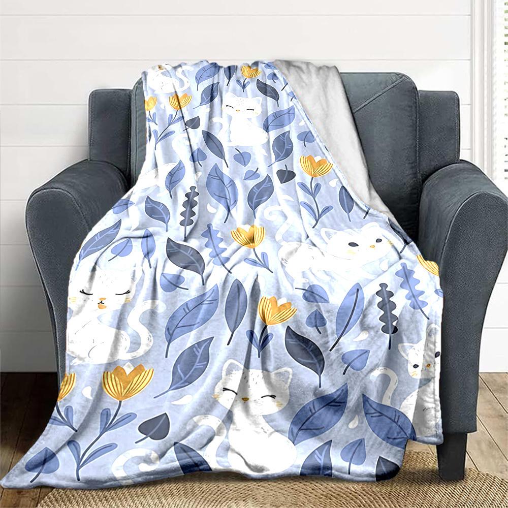1pc Cats Flowers Lightweight Flannel Blanket, Comfortable and Warm Blanket, for Office and Camping Sofa Bed, Livingroom147