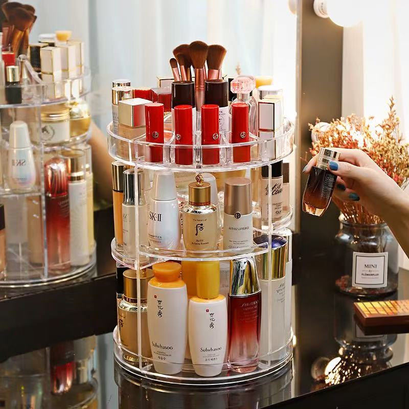 Makeup Organizer Cosmetic 360° Rotation Display Case With Brush Holder Perfume Tray Storage Bathroom Countertop Plastic