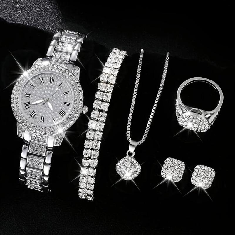 6 Pcs/Set Women's Watches, Luxury Rhinestone Quartz Watch, Roman Fashion Analog Watch and Jewelry Set, Gift for Mom and Her