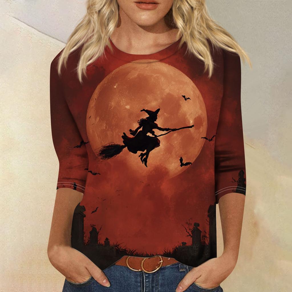 Women's Fashion Casual Round Neck Three-quarter Sleeve Halloween Printed T-shirt Top