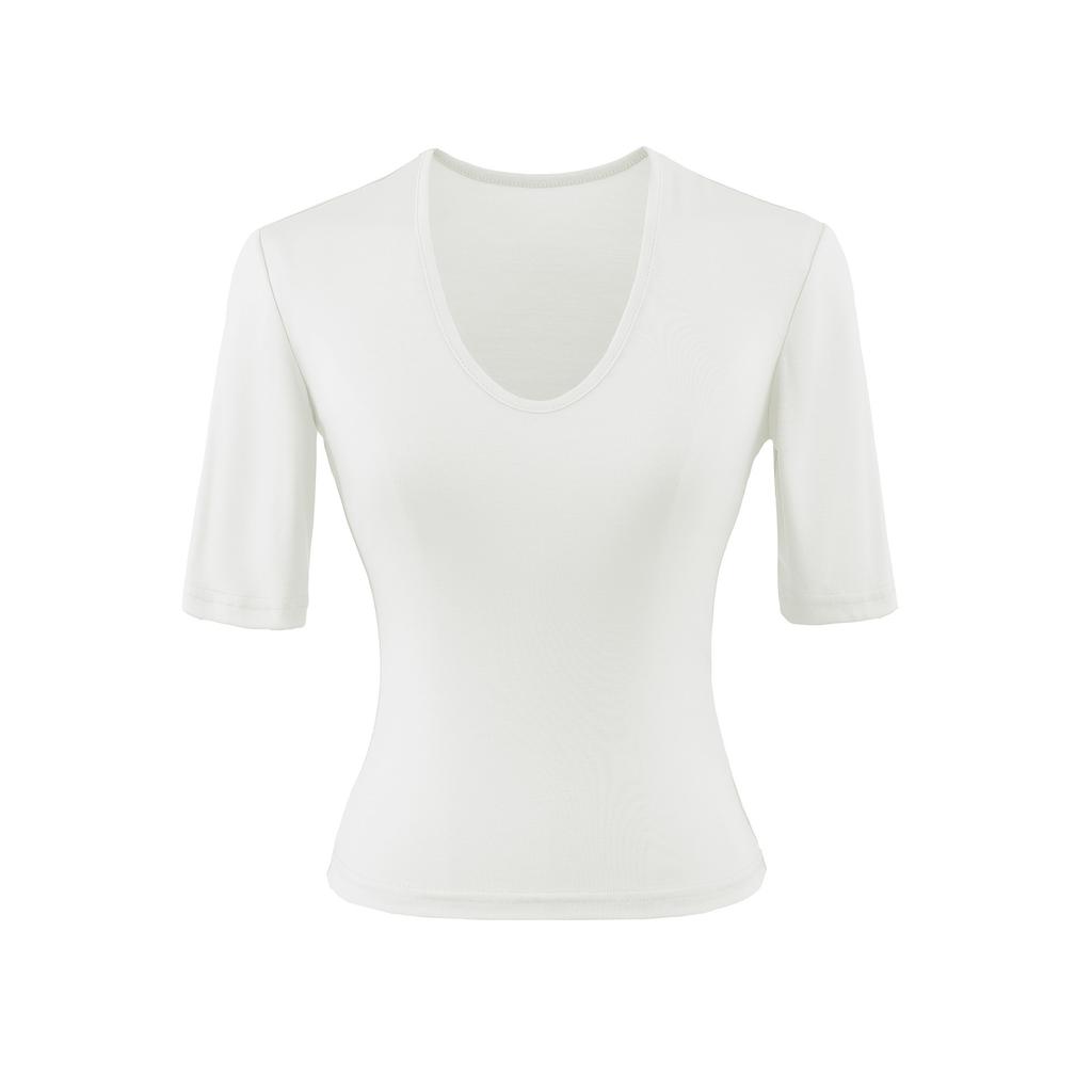 U-neck medium-sleeved T-shirt women's summer new American Spice Girl style solid color slim-fitting and thin bottoming top