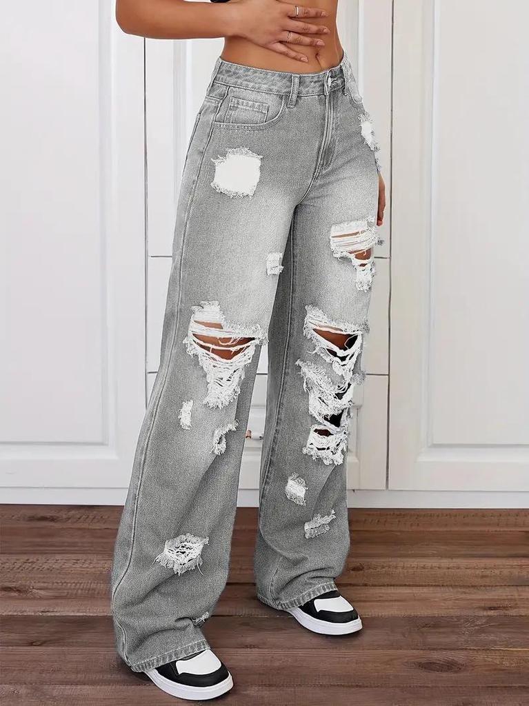 2026 European Trend Ripped Straight-Leg Denim Jeans for Women