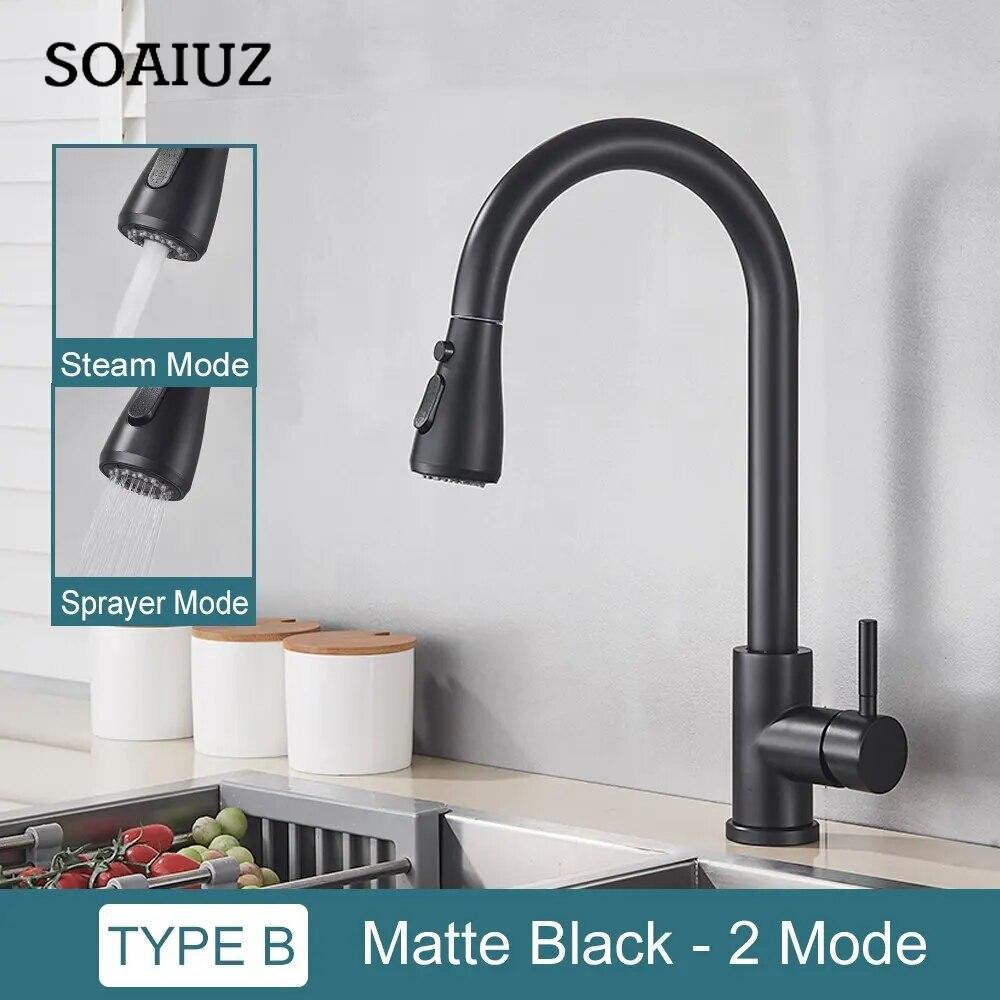 Rubinetto da cucina nero flessibile estraibile 2 modalità ugello miscelatore acqua calda e fredda rubinetto montato sul ponte spruzzatore e flusso SUS 304 rubinetti