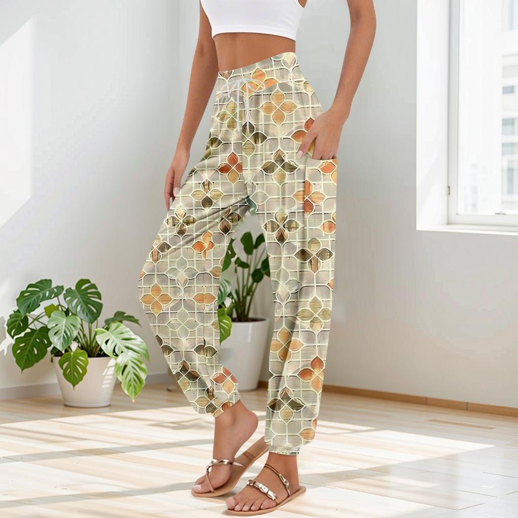 Women's Pocket Drawstring Trousers High Waist Yoga Bohemian Printed Casual Pants
