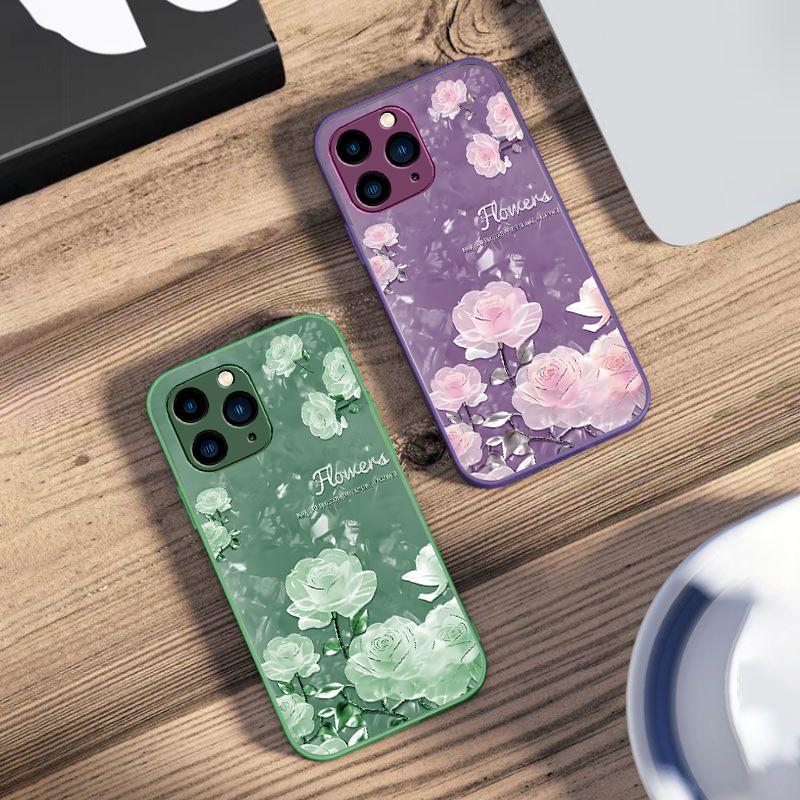 Rose Pink Flower Cluster For IPhone 16 Pro Max 15 Pro 14 13 12 Mini 11 XS Max XR 7 8 Plu SE 2022 Tempered Glass Phone Case
