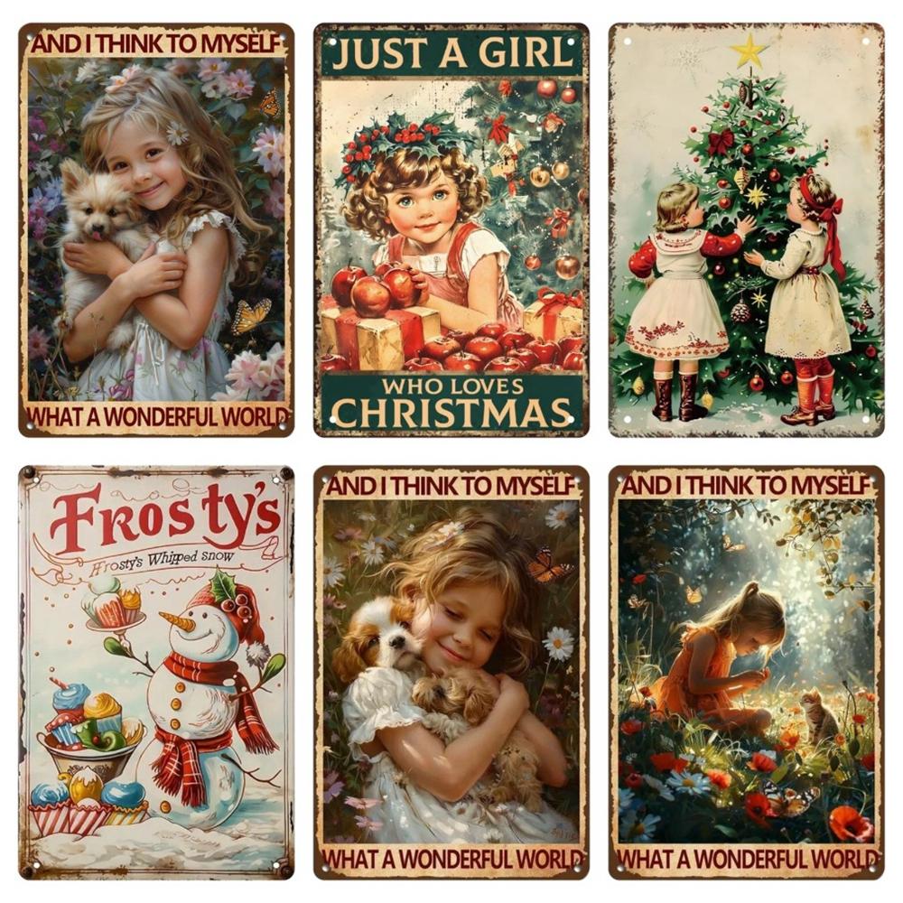 Vintage Merry Christmas Metal Tin Sign, Retro What A Wonderful World Girl, Wall Poster Jingling Bell, Home Decoration, WY297