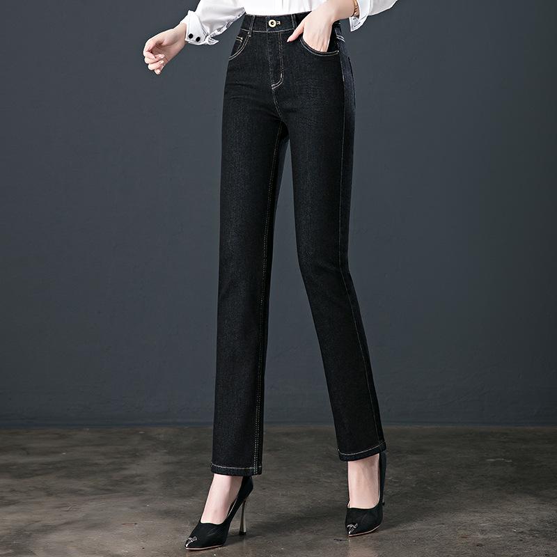 

Spring 2026 High Waist Plus Size Elastic Denim Jeans - Slimming Straight Leg for Women 26 чёрный