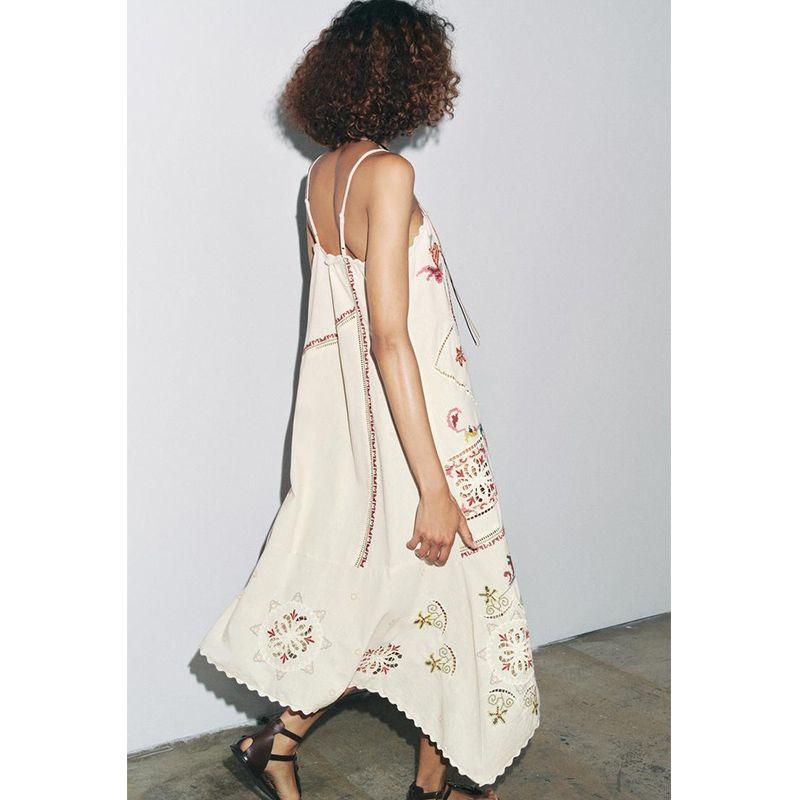 Summer New Product Women's Clothes Cotton Blended Straight Collar Contrast Color Flower Embroider Decoration Asymmetric Dress 5107079