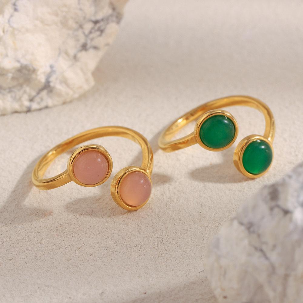 Stainless Steel Double Head Open Ring for Women Minimalist 18K Gold Plated Adjustable Green Pink Stone Rings Fashion Jewelry