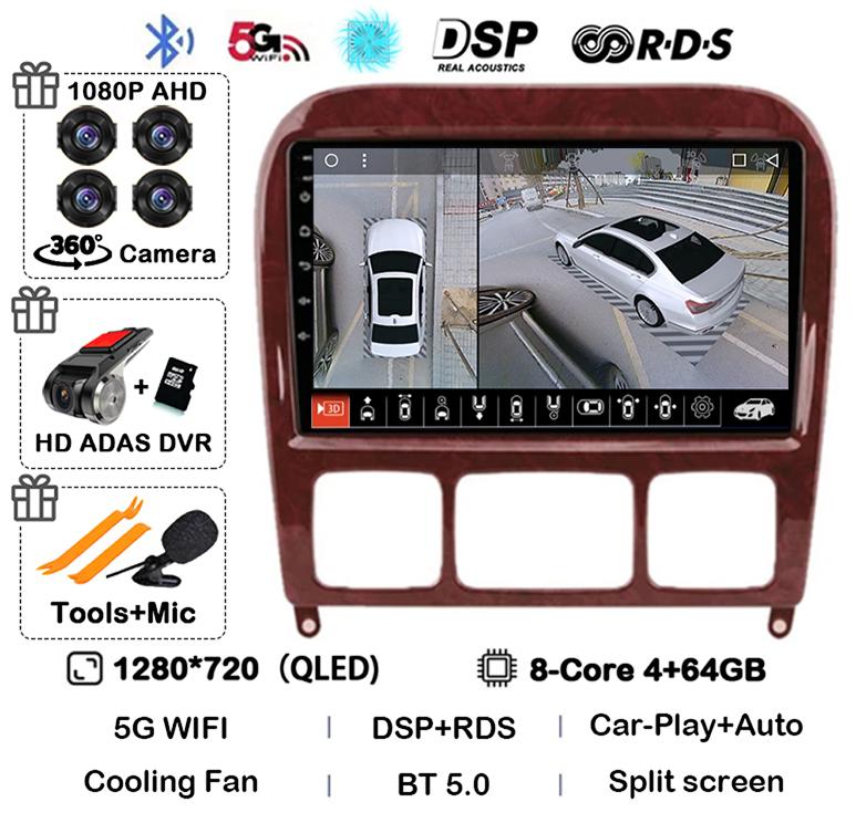 Android 14 Carplay Auto Car Stereo Radio For Mercedes Benz S-Class S Class W220 VV220 1998-2005 Mutimedia Player GPS Navigation