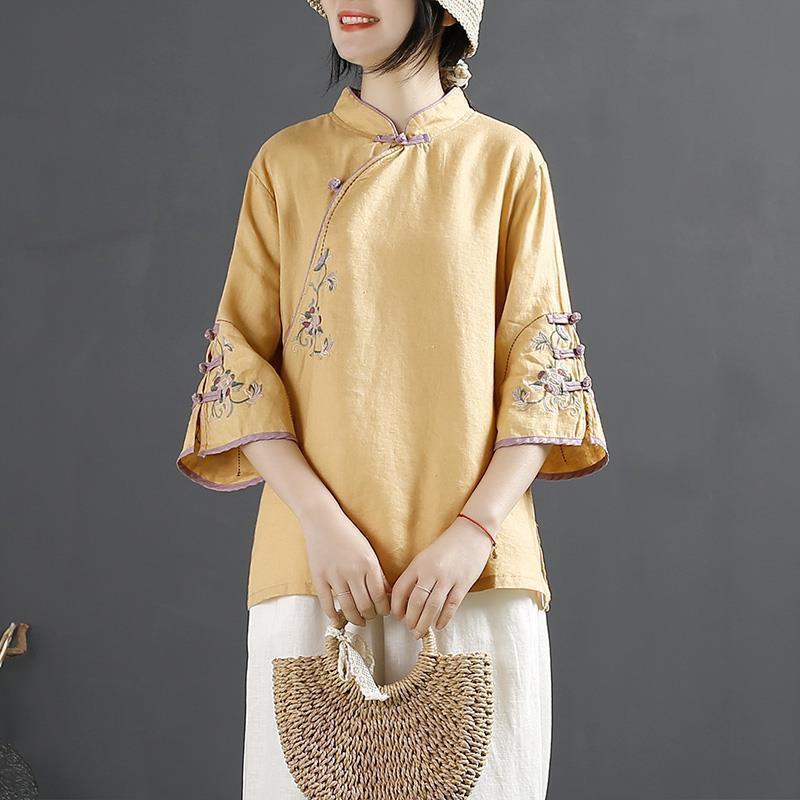 Plus Size Chinese Stand Collar Embroidered Cotton Linen Shirt
