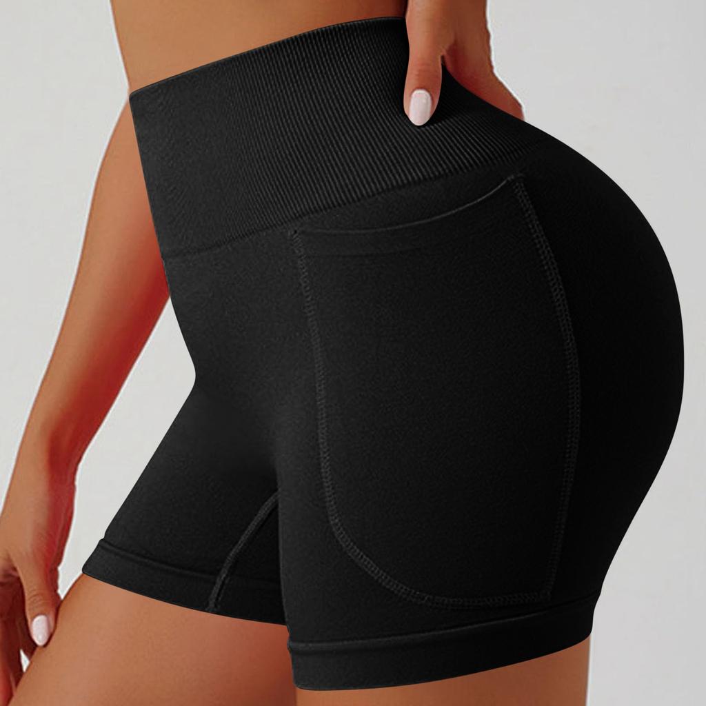 Hohe Taille Nahtlose Yoga-Shorts mit Seitentasche für Damen Dehnbar Workout Kompressions-Fitness-Shorts