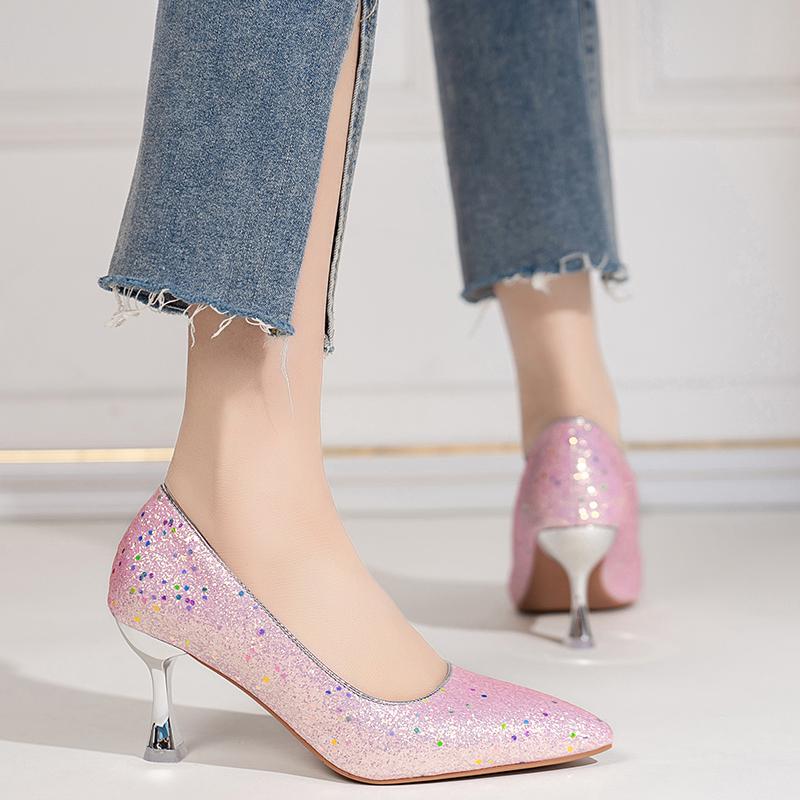 Mode Neue spitze Paillettenabsätze für Herbst Damenmode Stiletto Blech Strass Kristallabsatz Einzelne Schuhe