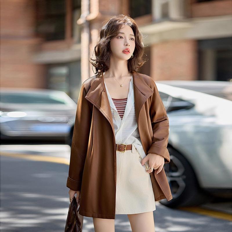 Women's Mid-Length Sheepskin Leather Motorcycle Jacket - Retro and Loose, Perfect for Spring and Autumn