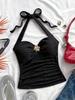 Floral V-Neck Spaghetti Strap Bodycon Tank Top for Vacation, Women's White Knitted with Metal Buckle