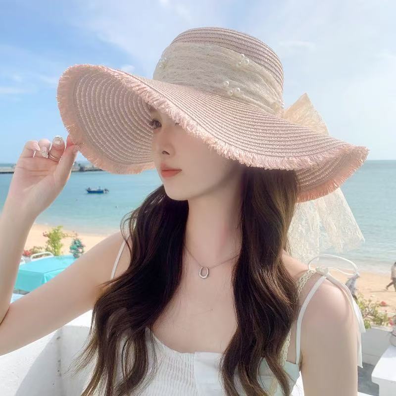 New bow lace straw hat women's summer seaside beach vacation sun hat large brim sun protection hat