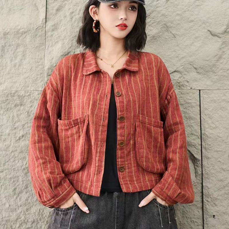 Dimanaf 2025 Coat Short Jacket Women Long Sleeve Pockets Fashion Retro Print Tops Tees Loose Tees New
