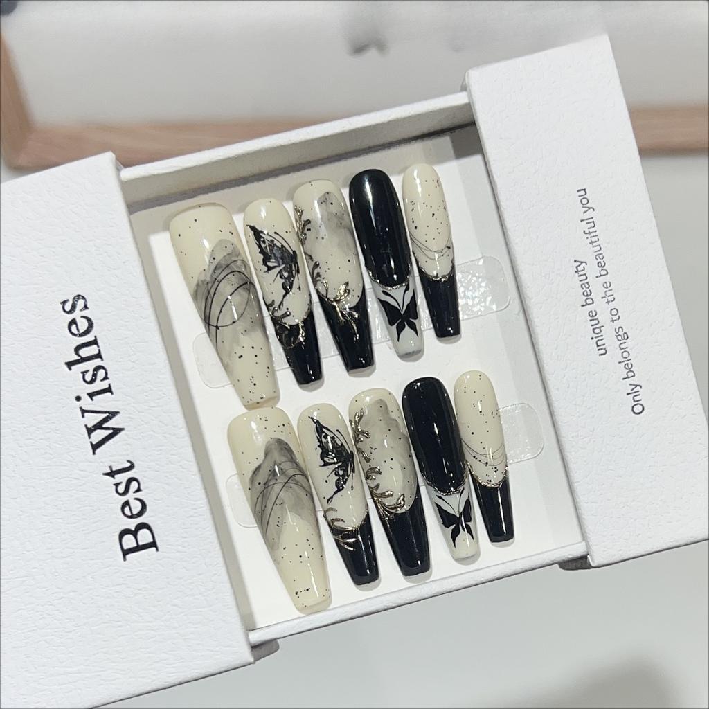 Chinese Style Wear Nail Pure Handmade Nail Art Fake Nail Patch Hand-painted Landscape Painting Butterfly French Magic Mirror Nail Patch