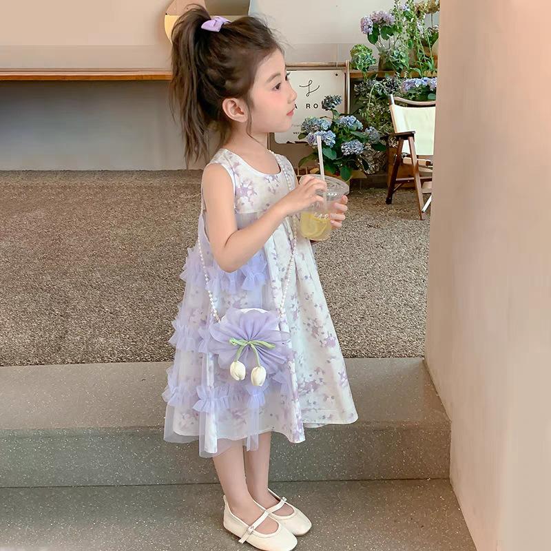 Summer Girls Floral Tulle Princess Dress Stylish Baby Sleeveless Vest Dress For Kids Party Wear