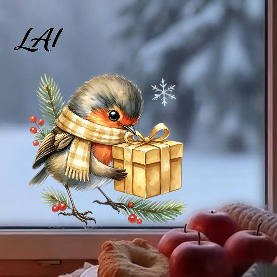 Non Adhesive Window Clings Christmas Bird Static Sticker Cute Watercolor Glass Stickers with Pine Branch PVC Waterproof Creative Gift Ideas