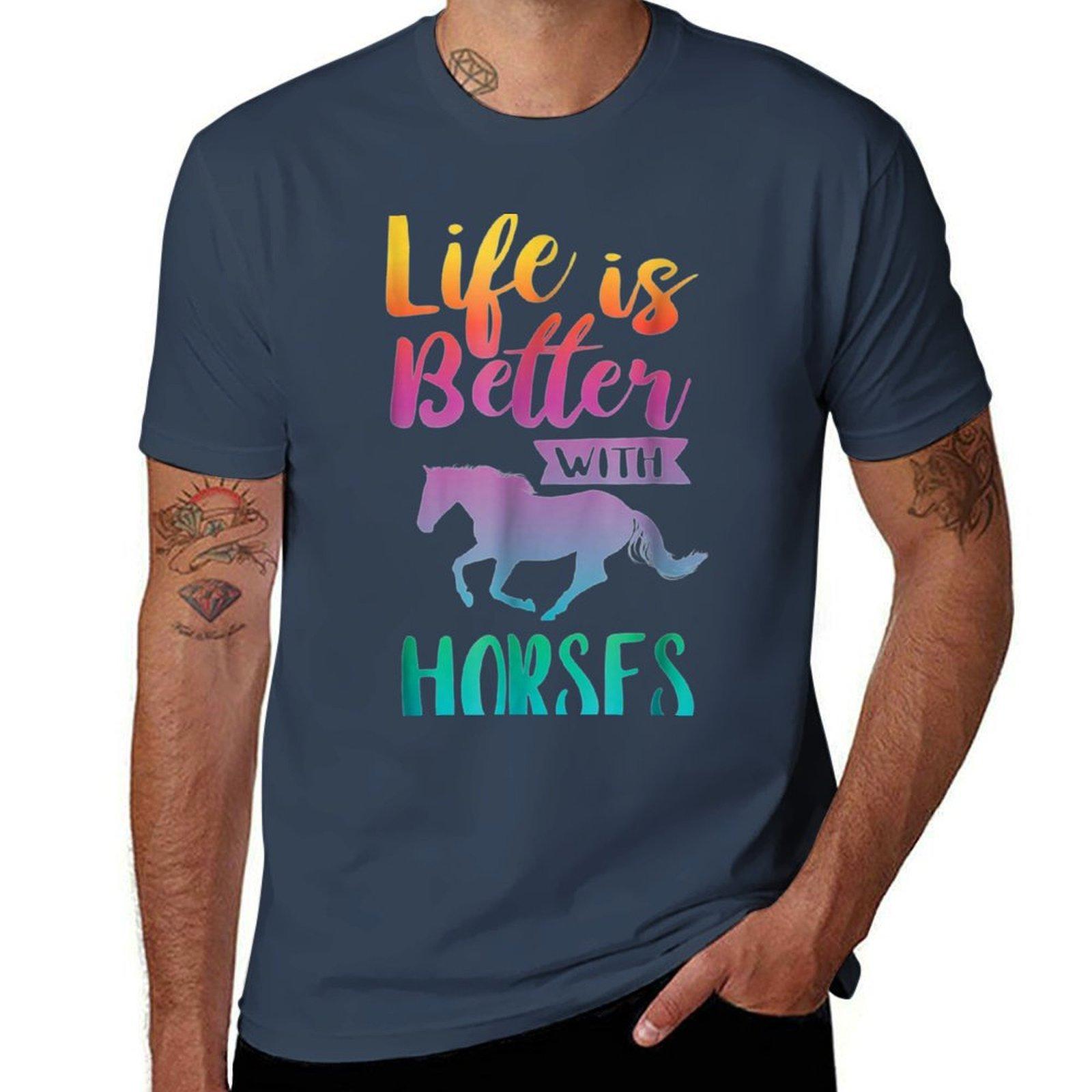 Cute Life Is Better With Horses Horseback Riding Tshirt Large Size Casual Short Sleeve Top S