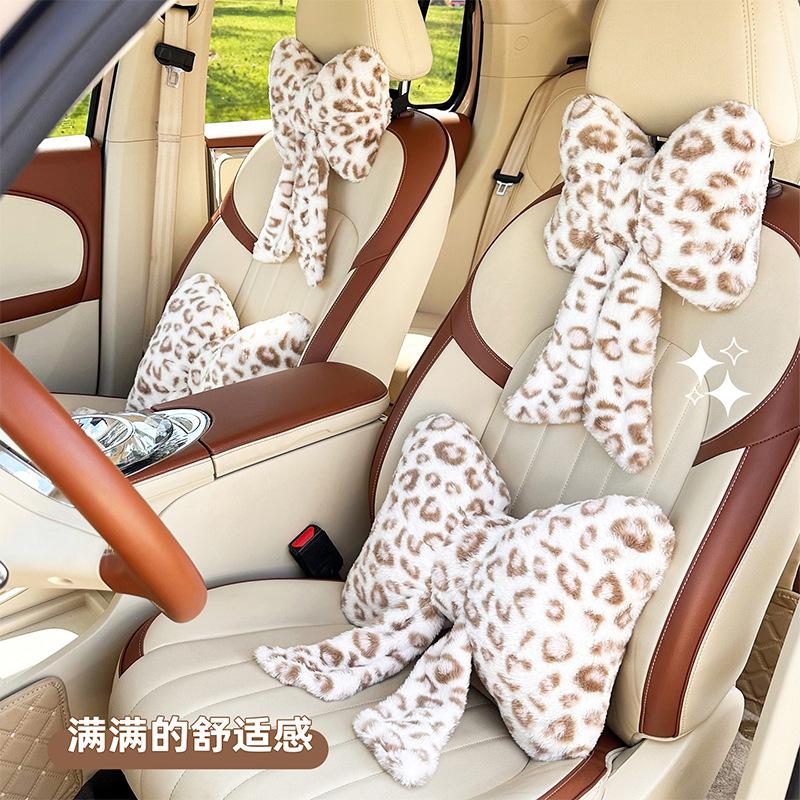 Bow Leopard Print Car Headrest Car Seat Decoration Neck Pillow Protection Pillow Plush Comfortable Seat Cushion Lumbar Support
