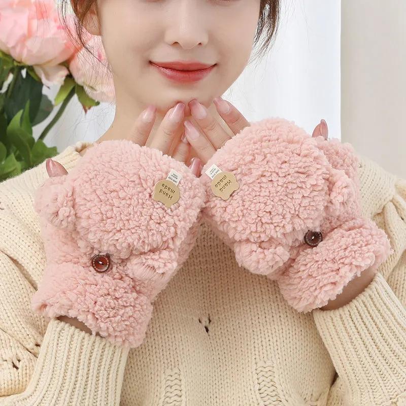 Women's Winter Warm Touch Screen Gloves Cute Cat Claw Sensory Fingerless Gloves Knitted Fluff Outdoor Flip Cover Gloves 1 Pair