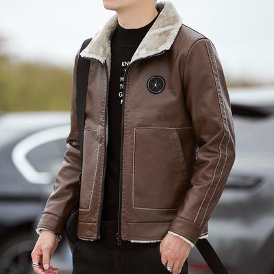 Men's Jacket with Plush Leather Jacket Trendy and Handsome Korean Version Clothing Motorcycle Suit Men's Jacket Thickened and Warm