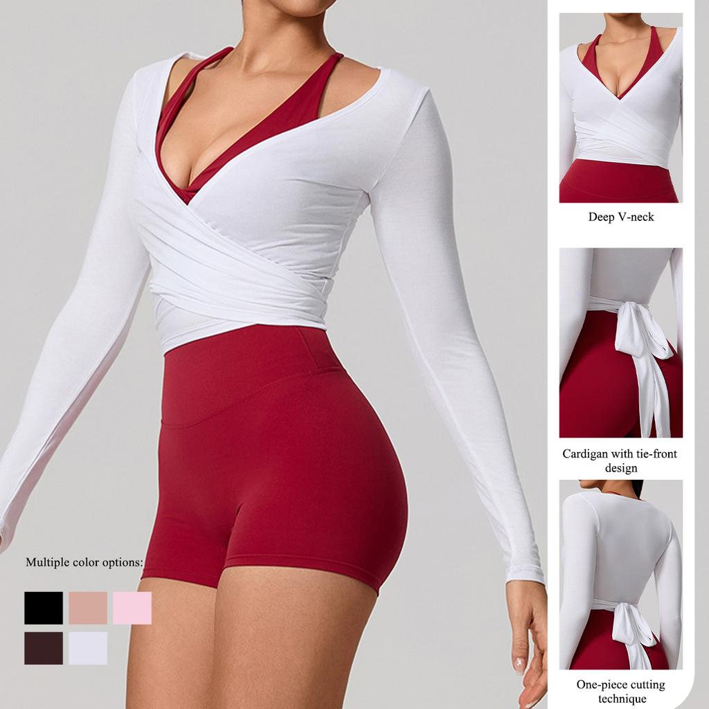 Hearuisavy Summer Women's Yoga Shirt Long Sleeve Sportswear Gym Breathable Quick Dry Sports Top Pilates Dance Ballet Wrap Tops