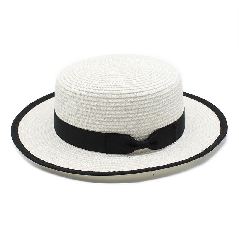 Summer Straw Hat Women'S Straw Bow Black Hemming Flat Top Sunscreen Beach Hat Casual Fashion Hat
