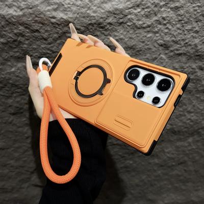 Armor Magnetic Bracket Case For Samsung Galaxy S24 S23 S22 S21 S25 Ultra Plus With Lanyard Slide Camera Protect Shockproof Cover