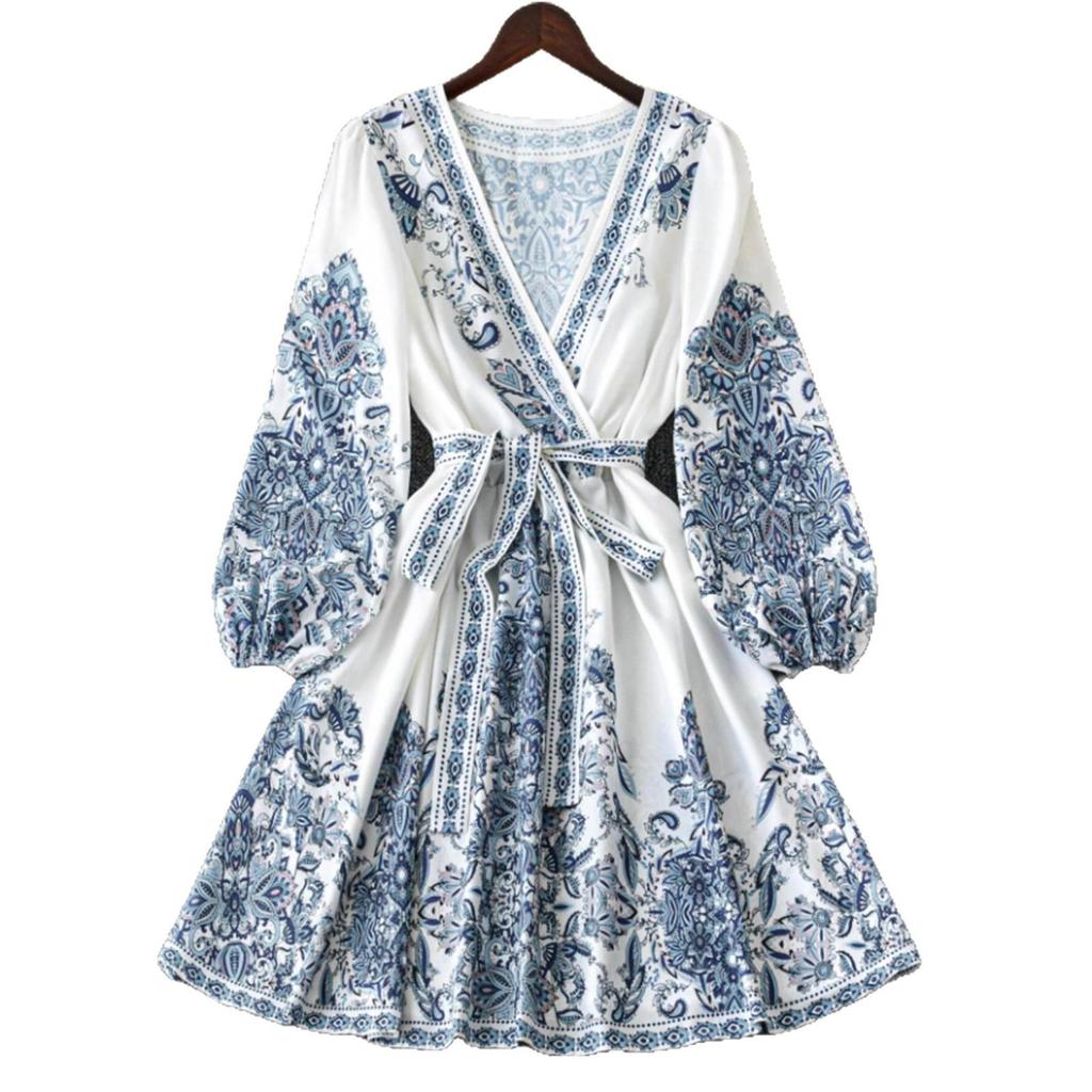 Elegant Bohemian V-Neck Long Sleeve Lantern Dress - 2025 Autumn Collection