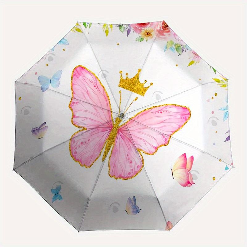 Butterfly Princess Automatic Folding Umbrella  8 Ribs, Durable Iron Frame, Bright Color Pattern Compact Travel Umbrella, Suitable for Outdoo