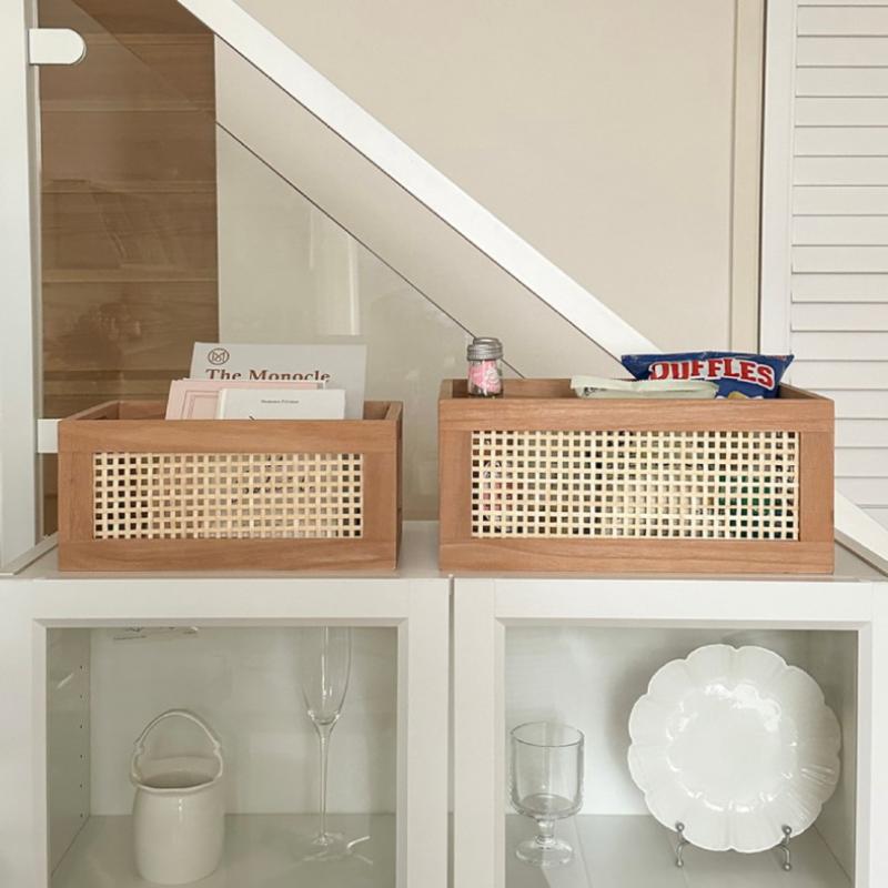 Retro Solid Wood Storage Box Desktop Rattan Basket Book Snacks Fruit Cosmetics Organizer Boxes Home Bathroom Kitchen Basket