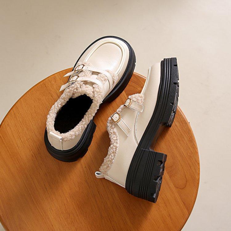 

Ретро британский стиль бархатные утолщенные кожаные туфли женские осенние толстые каблуки толстые подошвы стремена одна нога Le Fu хлопковые туфли 35 бежевый