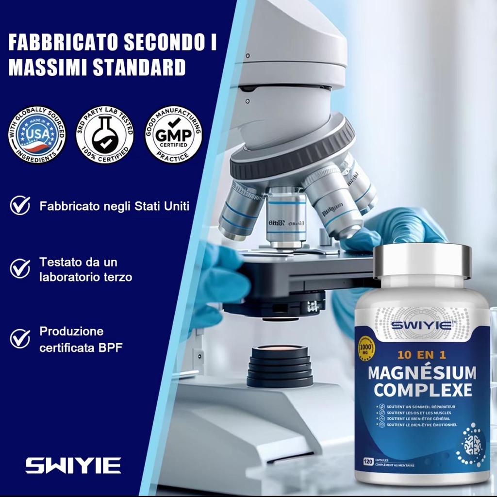 SWIYIE 10-in-1 Magnesium Complex 1000mg - Supplement with Glycinate Taurate, Vegan Capsules for Muscle, Heart, and Relaxation Support 120 capsules.